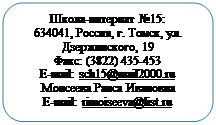 Скругленный прямоугольник: Школа-интернат №15:
634041, Россия, г. Томск, ул. Дзержинского, 19
Факс: (3822) 435-453
E-mail: sch15@mail2000.ru
Моисеева Раиса Ивановна
E-mail: rimoiseeva@list.ru
435-453sch15@mail2000.ru
rimoiseeva@list.ru634041, Россия, г. Томск, ул. Дзержинского, 19
Факс: (3822) 435-453 
E-mail: sch15@mail2000.ru
rimoiseeva@list.ru
