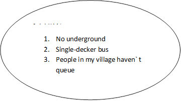  My village
1.	No underground
2.	Single-decker bus
3.	People in my village haven` t queue
