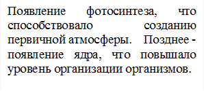 Появление фотосинтеза, что способствовало созданию первичной атмосферы.    Позднее - появление ядра, что повышало уровень организации организмов.

