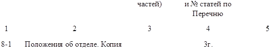 	частей)	и № статей по
Перечню
1	2	3	4	5
8-1	Положения об отделе. Копия		3г.

