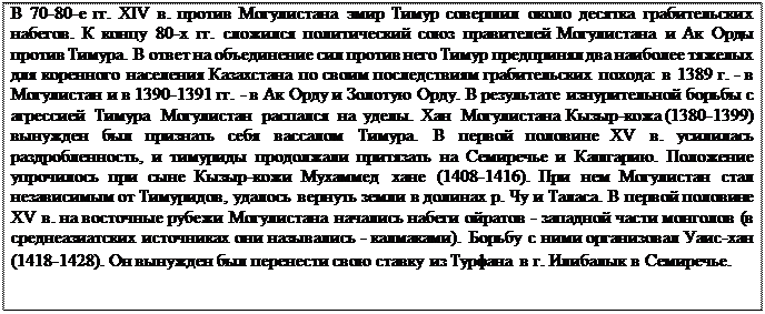 Надпись: В 70-80-е гг. XIV в. против Могулистана эмир Тимур совершил около десятка грабительских набегов. К концу 80-х гг. сложился политический союз правителей Могулистана и Ак Орды против Тимура. В ответ на объединение сил против него Тимур предпринял два наиболее тяжелых для коренного населения Казахстана по своим последствиям грабительских похода: в 1389 г. - в Могулистан и в 1390-1391 гг. - в Ак Орду и Золотую Орду. В результате изнурительной борьбы с  агрессией  Тимура  Могулистан  распался  на  уделы.  Хан  Могулистана Кызыр-кожа (1380-1399) вынужден был признать себя вассалом Тимура. В первой половине XV в. усилилась раздробленность, и тимуриды продолжали притязать на Семиречье и Кашгарию. Положение упрочилось при сыне Кызыр-кожи Мухаммед хане (1408-1416). При нем Могулистан стал независимым от Тимуридов, удалось вернуть земли в долинах р. Чу и Таласа. В первой половине XV в. на восточные рубежи Могулистана начались набеги ойратов - западной части монголов (в среднеазиатских источниках они назывались - калмаками). Борьбу с ними организовал Уаис-хан (1418-1428). Он вынужден был перенести свою ставку из Турфана в г. Илибалык в Семиречье.