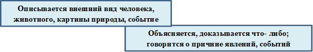 Объясняется, доказывается что- либо; говорится о причине явлений, событий,Описывается внешний вид человека, животного, картины природы, событие
