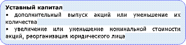 Уставный капитал
• дополнительный выпуск акций или уменьшение их количества
• увеличение или уменьшение номинальной стоимости акций, реорганизация юридического лица

