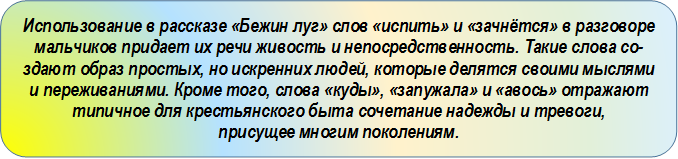Использование в рассказе «Бежин луг» слов «испить» и «зачнётся» в разго-воре мальчиков придает их речи живость и непосредственность. Такие сло-ва создают образ простых, но искренних людей, которые делятся своими мыслями и переживаниями. Кроме того, слова «куды», «запужала» и «авось» отражают типичное для крестьянского быта сочетание надежды и трево-ги, 
присущее многим поколениям.
