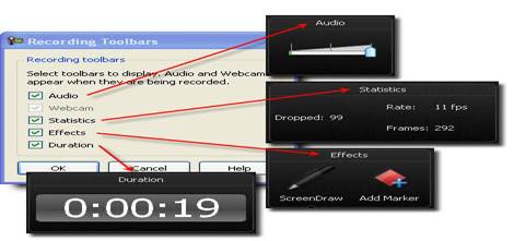 Соответствие пунктов в окне Recording Toolbars разделам в Панели записи во время записи действий с экрана