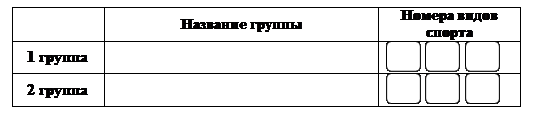 Надпись: 	Название группы	Номера видов спорта
1 группа		     
2 группа		     


