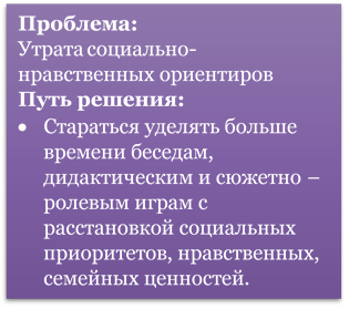 Проблема:
Утрата социально-нравственных ориентиров 
Путь решения:
•	Стараться уделять больше времени беседам, дидактическим и сюжетно – ролевым играм с расстановкой социальных приоритетов, нравственных, семейных ценностей.
