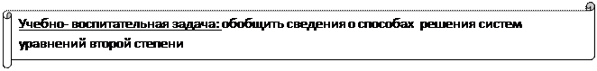 Горизонтальный свиток: Учебно- воспитательная задача: обобщить сведения о способах  решения систем уравнений второй степени