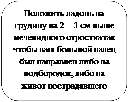 Скругленный прямоугольник: Положить ладонь на грудину на 2 – 3 см выше мечевидного отростка так чтобы ваш большой палец был направлен либо на подбородок, либо на живот пострадавшего 