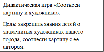 Дидактическая игра «Соотнеси картину и художника».
Цель: закрепить знания детей о знаменитых художниках нашего города, соотнести картину с ее автором.
