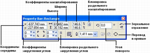 Панель атрибутов при работе с прямоугольниками (панель перемещена в центр рабочего пространства и представлена в виде окна)
