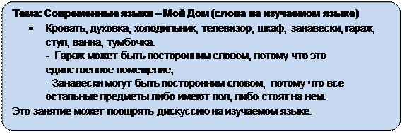 Скругленный прямоугольник: Тема: Современные языки – Мой Дом (слова на изучаемом языке)
•	Кровать, духовка, холодильник, телевизор, шкаф, занавески, гараж, стул, ванна, тумбочка.
-  Гараж может быть посторонним словом, потому что это единственное помещение;
- Занавески могут быть посторонним словом,  потому что все остальные предметы либо имеют пол, либо стоят на нем.
Это занятие может поощрять дискуссию на изучаемом языке.
