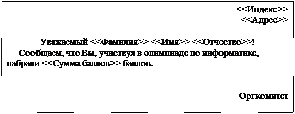 Надпись: <<Индекс>>
<<Адрес>>

Уважаемый <<Фамилия>> <<Имя>> <<Отчество>>!
Сообщаем, что Вы, участвуя в олимпиаде по информатике, набрали <<Сумма баллов>> баллов.


Оргкомитет
