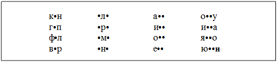 Надпись: к•н	•л•	а••	о••у
г•п	•р•	и••	и••а
ф•л	•м•	о••	я••о
в•р	•н•	е••	ю••н
