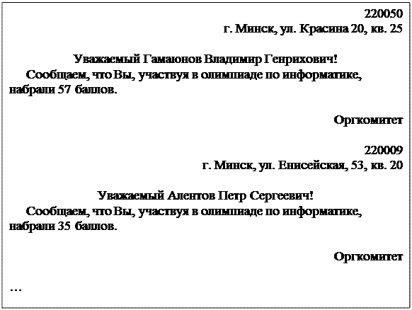 Надпись: 220050
г. Минск, ул. Красина 20, кв. 25

Уважаемый Гамаюнов Владимир Генрихович!
Сообщаем, что Вы, участвуя в олимпиаде по информатике, набрали 57 баллов.

Оргкомитет

220009
г. Минск, ул. Енисейская, 53, кв. 20

Уважаемый Алентов Петр Сергеевич!
Сообщаем, что Вы, участвуя в олимпиаде по информатике, набрали 35 баллов.

Оргкомитет

…
