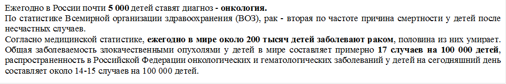 Ежегодно в России почти 5 000 детей ставят диагноз - онкология. 
По статистике Всемирной организации здравоохранения (ВОЗ), рак - вторая по частоте причина смертности у детей после несчастных случаев. 
Согласно медицинской статистике, ежегодно в мире около 200 тысяч детей заболевают раком, половина из них умирает. Общая заболеваемость злокачественными опухолями у детей в мире составляет примерно 17 случаев на 100 000 детей, распространенность в Российской Федерации онкологических и гематологических заболеваний у детей на сегодняшний день составляет около 14-15 случаев на 100 000 детей.
