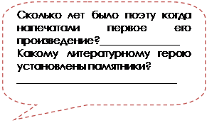 Скругленная прямоугольная выноска: Сколько лет было поэту когда напечатали первое его произведение?_______________
Какому литературному герою установлены памятники?
______________________________

