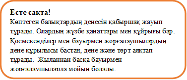 Есте сақта!
Көптеген балықтардың денесін қабыршақ жауып тұрады. Олардың жүзбе қанаттары мен құйрығы бар. Қосмекенділер мен бауырмен жорғалаушылардың дене құрылысы бастан, дене және төрт аяқтап тұрады.  Жыланнан басқа бауырмен жорғалаушыларда мойын болады.
