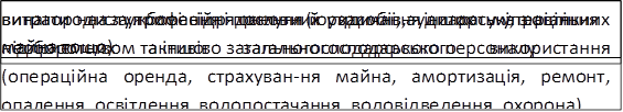 витрати на службові відрядження й утримання апарату управління підприємством та іншого загальногосподарського персоналу,витрати на утримання основних засобів, інших матеріальних необоротних активів загальногосподарського використання (операційна оренда, страхуван-ня майна, амортизація, ремонт, опалення, освітлення, водопостачання, водовідведення, охорона),винагороди за професійні послуги (юридичні, аудиторські, з оцінки майна тощо)