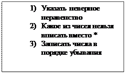 Надпись: 1)	Указать неверное неравенство
2)	Какое из чисел нельзя вписать вместо *
3)	Записать числа в порядке убывания 

