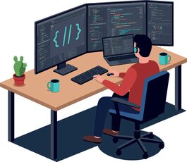 Programmer working on multiple screens coding at desk in modern flat illustration 60707353 Vector Art at Vecteezy