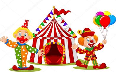 Мультфильм счастливый клоун перед цирковой палаткой — стоковый вектор