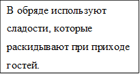 В обряде используют сладости, которые раскидывают при приходе гостей.

