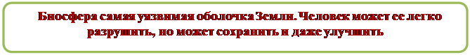 Скругленный прямоугольник:    Биосфера самая уязвимая оболочка Земли. Человек может ее легко разрушить, но может сохранить и даже улучшить


                                                                           

