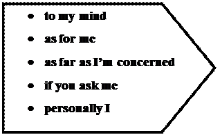 Пятиугольник: •	to my mind
•	as for me
•	as far as I’m concerned
•	if you ask me
•	personally I

