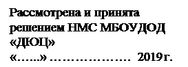 Надпись: Рассмотрена и принята решением НМС МБОУДОД «ДЮЦ»
«…...» ……………….  2019 г.
Протокол № …….


