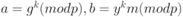 Описание: a=g^k (mod p), b=y^k m(mod p) 