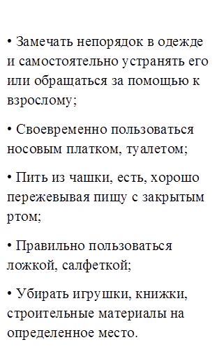 • Замечать непорядок в одежде и самостоятельно устранять его или обращаться за помощью к взрослому;
• Своевременно пользоваться носовым платком, туалетом;
• Пить из чашки, есть, хорошо пережевывая пищу с закрытым ртом;
• Правильно пользоваться ложкой, салфеткой;
• Убирать игрушки, книжки, строительные материалы на определенное место.

