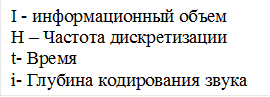 I - информационный объем
H – Частота дискретизации
t- Время
i- Глубина кодирования звука

