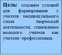 Цель: создание условий для формирования у учителя индивидуального стиля творческой деятельности, становление молодого учителя как учителя- профессионала