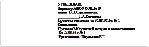 Надпись:                                                              УТВЕРЖДАЮ:
                                                             Директор МБОУ СОШ №19 
                                                             имени  В.П.Стрельникова
                                                             ____________Г.А.Селезнева
                                                             Протокол пед.совета от 30.08.2016г. № 1
                                                             Согласовано:
                                                             Протокол МО учителей истории и обществознания
                                                              От 27.08.16 г.№ 1
                                                              Руководитель: Пиулькина Е.Г.

