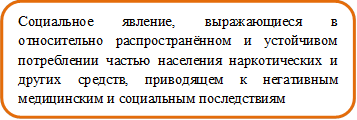 Социальное явление, выражающиеся в относительно распространённом и устойчивом потреблении частью населения наркотических и других средств, приводящем к негативным  медицинским и социальным последствиям