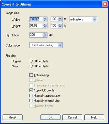 Диалоговое окно Convert to Bitmap
