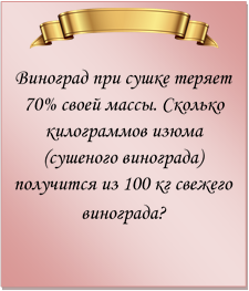  
Виноград при сушке теряет 70% своей массы. Сколько килограммов изюма (сушеного винограда) получится из 100 кг свежего винограда?

