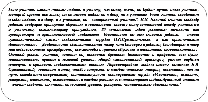 Скругленный прямоугольник: Если учитель имеет только любовь к ученику, как отец, мать, он будет лучше того учителя, который прочел все книги, но не имеет любви ни к делу, ни к ученикам. Если учитель соединяет в себе любовь и к делу, и к ученикам, он – совершенный учитель”. Л.Н. Толстой считал свободу ребенка ведущим принципом обучения и воспитания. новому типу отношений между учителями и учениками, исключающему принуждение, 21 отстаивал идею развития личности как центральную в гуманистической педагогике. Воспитание во имя счастья ребенка – таков гуманистический смысл педагогических трудов В.А.Сухомлинского, а его практическая деятельность – убедительное доказательство тому, что без веры в ребенка, без доверия к нему вся педагогическая премудрость, все методы и приемы обучения и воспитания несостоятельны. Основой успеха учителя, считал он, является духовное богатство и щедрость его души, воспитанность чувств и высокий уровень общей эмоциональной культуры, умение глубоко вникнуть в сущность педагогического явления. Первоочередная задача школы, отмечал В.А. Сухомлинский, состоит в том, чтобы открыть в каждом человеке творца, поставить его на путь самобытно-творческого, интеллектуально полнокровного труда. «Распознать, выявить, раскрыть, взлелеять, выпестовать в каждом ученике его неповторимо-индивидуальный талант – значит поднять личность на высокий уровень расцвета человеческого достоинства”.