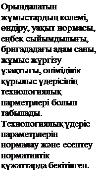 Надпись: Орындалатын жұмыстардың көлемі, өндіру, уақыт нормасы, еңбек сыйымдылығы, бригададағы адам саны, жұмыс жүргізу ұзақтығы, өніміділік құрылыс үдерісінің технологиялық парметрлері болып табылады. Технологиялық үдеріс параметрлерін нормалау және есептеу нормативтік құжаттарда бекітілген.