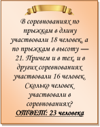  
В соревнованиях по прыжкам в длину участвовали 18 человек, а по прыжкам в высоту — 21. Причем и в тех, и в других соревнованиях участвовали 16 человек. Сколько человек участвовали в соревнованиях?
ОТВЕТ: 23 человека

