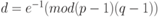 Описание: d=e^{-1} (mod(p-1)(q-1)) 