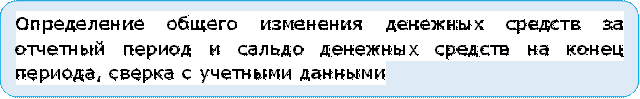 Определение общего изменения денежных средств за отчетный период и сальдо денежных средств на конец периода, сверка с учетными данными

