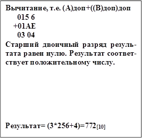 Вычитание, т.е. (А)доп+((В)доп)доп 015 6
+01AE 03 04
Старший двоичный разряд резуль- тата равен нулю. Результат соответ- ствует положительному числу.





Результат= (3*256+4)=772[10]
