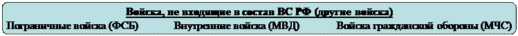 Скругленный прямоугольник: Войска, не входящие в состав ВС РФ (другие войска)
Пограничные войска (ФСБ)             Внутренние войска (МВД)             Войска гражданской обороны (МЧС)
