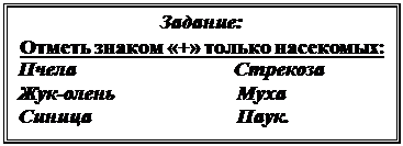 Надпись: Задание:
Отметь знаком «+» только насекомых:
Пчела                               Стрекоза 
Жук-олень                        Муха
Синица                             Паук.

