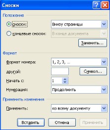 Окно панели Сноски Ворд 2007