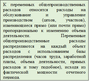 К переменных общепроизводственных расходов относятся расходы на обслуживание и управление производством (цехов, участков), изменяющиеся прямо (или почти прямо) пропорционально к изменению объема деятельности. Переменные общепроизводственные расходы распределяются на каждый объект расходов с использованием базы распределения (часов труда, заработной платы, объема деятельности, прямых расходов и тому подобное), исходя из фактической мощности отчетного периода.