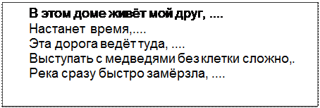 Text Box: В этом доме живёт мой друг, ....
Настанет время,....
Эта дорога ведёт туда, ....
Выступать с медведями без клетки сложно,.
Река сразу быстро замёрзла, ....
