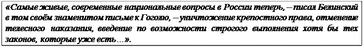Надпись: «Самые живые, современные национальные вопросы в России теперь, – писал Белин-ский в том своём знаменитом письме к Гоголю, – уничтожение крепостного права, отменение телесного наказания, введение по возможности строгого выполнения хотя бы тех законов, которые уже есть…».